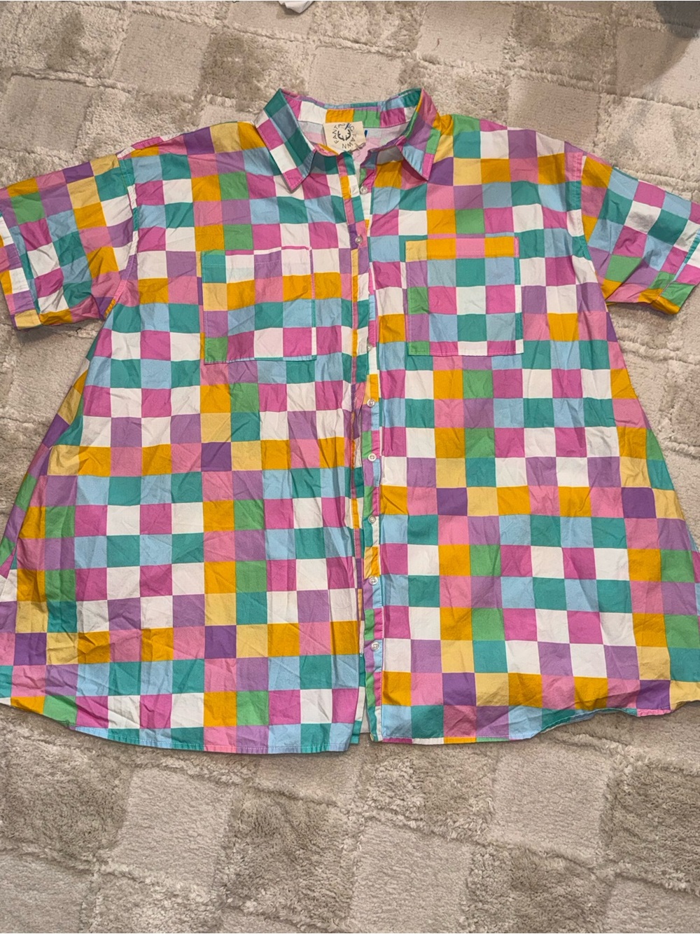 Fantastic Fawn Multicolor Bright Checkered Cotton Button-Up Shirt Dress Size L